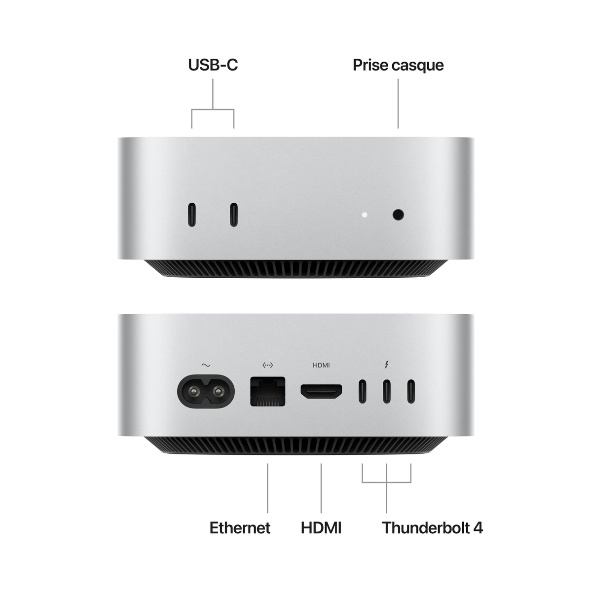 Mac mini M4 — vue de face Mac mini M4 vue de face, boîtier aluminium Argent — AppleDeals Maroc