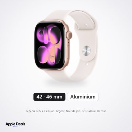 Apple Watch Series 11 Aluminium 42 et 46 mm — GPS ou GPS + Cellular · Argent, Noir de jais, Gris sidéral, Or rose — prix Maroc — AppleDeals