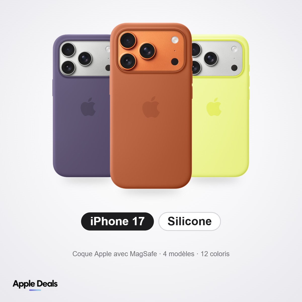 Coque en silicone iPhone 17 Coque en silicone Apple iPhone 17, 17 Pro, 17 Pro Max, 17e — MagSafe — Prix Maroc — AppleDeals