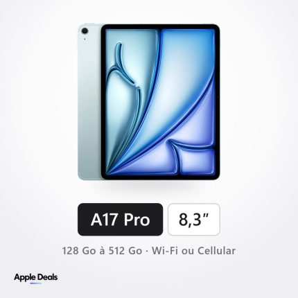 iPad mini 8,3 pouces puce Apple A17 Pro, Bleu — 128 Go à 512 Go, Wi-Fi ou Wi-Fi + Cellular — AppleDeals Maroc