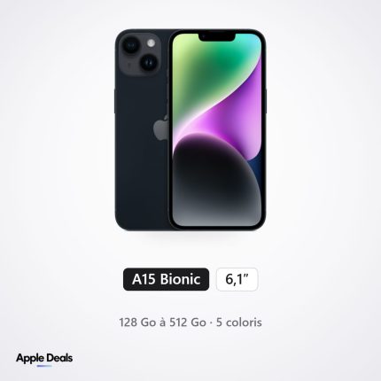 iPhone 14 — 128, 256 et 512 Go — A15 Bionic, écran 6,1 pouces — Bleu, Lumière stellaire, Mauve, Minuit, Rouge — prix Maroc — AppleDeals