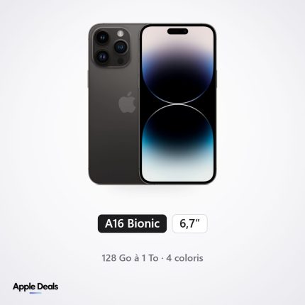iPhone 14 Pro Max — 128, 256, 512 Go et 1 To — A16 Bionic, écran 6,7 pouces — Noir sidéral, Or, Violet intense, Argent — prix Maroc — AppleDeals