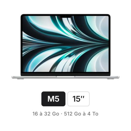 MacBook Air 15 pouces puce Apple M5, Argent — 16 à 32 Go de mémoire unifiée, 512 Go à 4 To de stockage — AppleDeals Maroc