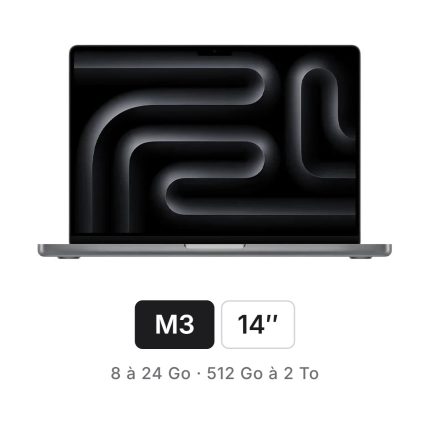 MacBook Pro 14 pouces puce Apple M3 — 8 à 24 Go de mémoire unifiée, 512 Go à 2 To de stockage — AppleDeals Maroc
